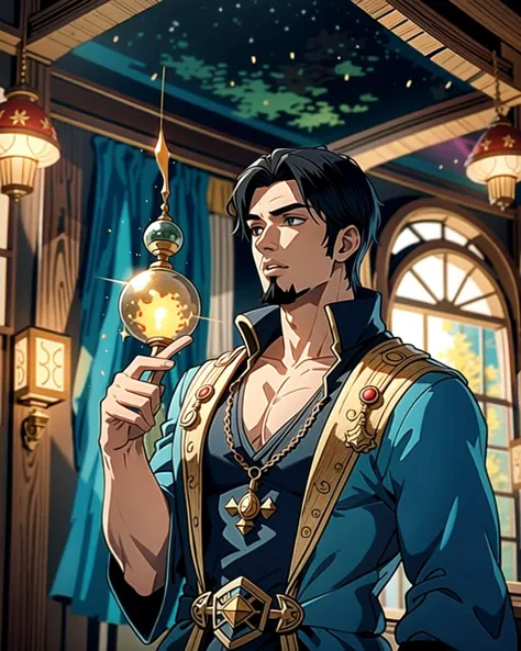 ((masterpiece), best quality, high quality, professional quality, highly detailed, highres, perfect lighting, natural lighting), (1boy, muscular, handsome, goatee, short hair, black hair), wearing fantasy clothing, casting a spell, in a fantasy town