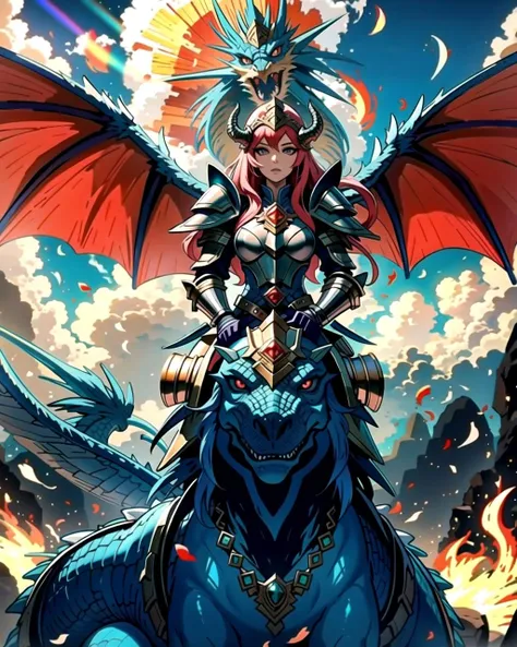 ((masterpiece), best quality, high quality, professional quality, highly detailed, highres, perfect lighting, natural lighting), blue dragon, (1girl, wearing armor, sitting on dragon, dragon rider, holding weapon), flying, flames, magic, clouds, sun in background