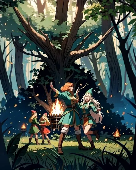 ((masterpiece), best quality, high quality, professional quality, highly detailed, highres, perfect lighting, natural lighting), group of elves, dancing, bonfire, in forest, surrounded by large trees