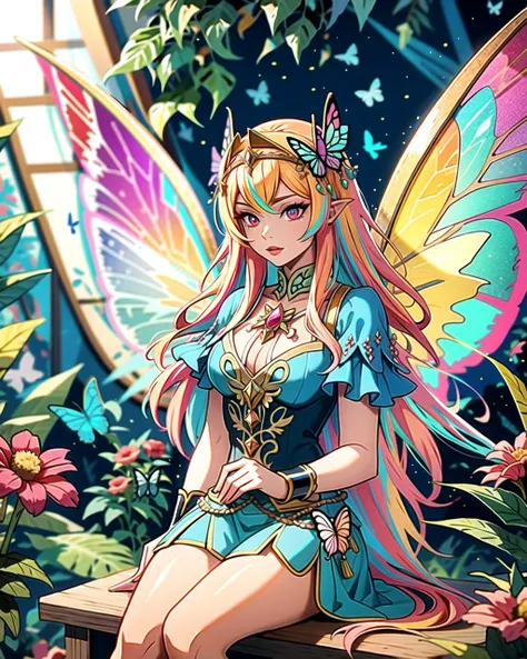 ((masterpiece), best quality, high quality, professional quality, highly detailed, highres, perfect lighting, natural lighting), beautiful fairy, butterfly wings, multicolored wings, translucent wings, sitting, on flower