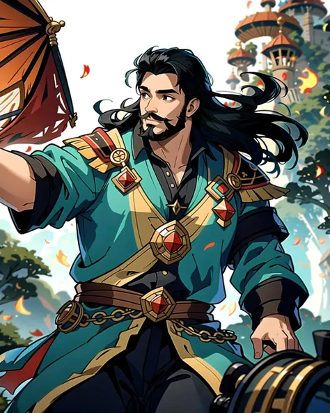 ((masterpiece), best quality, high quality, professional quality, highly detailed, highres, perfect lighting, natural lighting), (1boy, overweight, handsome, facial hair, medium length hair, black hair), wearing wizard robes, riding a dragon, on a battlefield