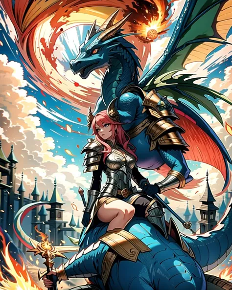 ((masterpiece), best quality, high quality, professional quality, highly detailed, highres, perfect lighting, natural lighting), blue dragon, (1girl, wearing armor, sitting on dragon, dragon rider, holding weapon), flying, flames, magic, clouds, sun in background