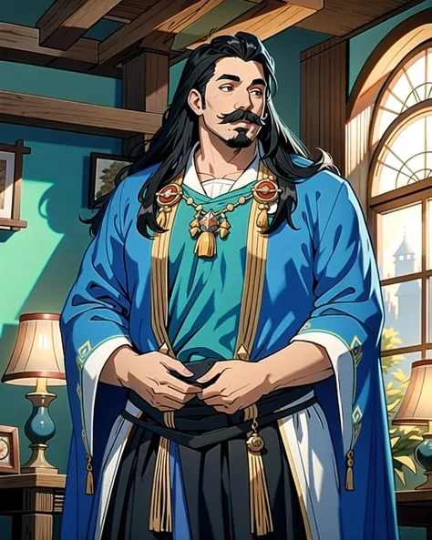 ((masterpiece), best quality, high quality, professional quality, highly detailed, highres, perfect lighting, natural lighting), (1boy, overweight, handsome, mustache, long hair, black hair), wearing wizard robes, fighting, in a castle