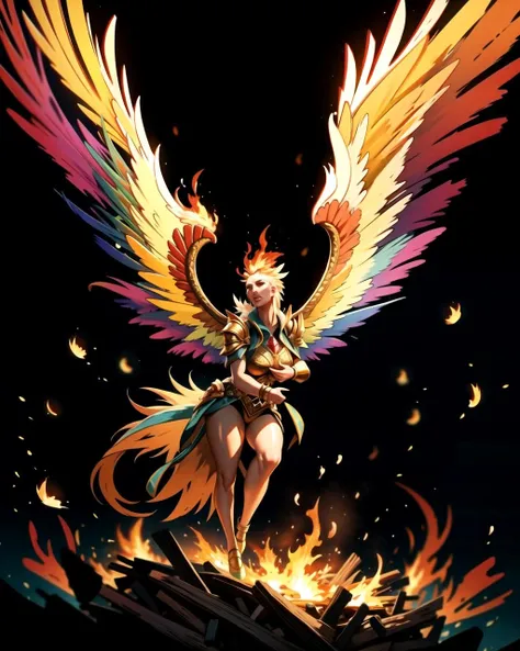 ((masterpiece), best quality, high quality, professional quality, highly detailed, highres, perfect lighting, natural lighting), phoenix, bursting into flames, taking flight from nest