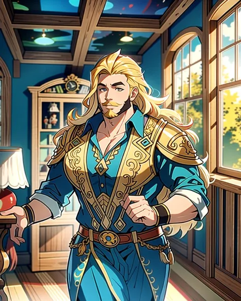 ((masterpiece), best quality, high quality, professional quality, highly detailed, highres, perfect lighting, natural lighting), (1boy, overweight, handsome, facial hair, medium length hair, blonde hair), wearing fantasy clothing, running, in a fantasy town