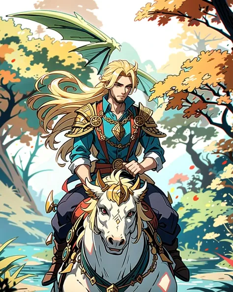 ((masterpiece), best quality, high quality, professional quality, highly detailed, highres, perfect lighting, natural lighting), (1boy, slender, handsome, no facial hair, medium length hair, blonde hair), wearing fantasy clothing, riding a dragon, by a lake