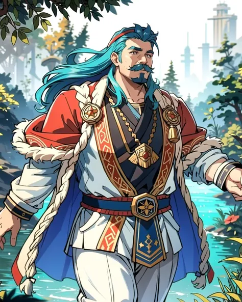 ((masterpiece), best quality, high quality, professional quality, highly detailed, highres, perfect lighting, natural lighting), (1boy, overweight, handsome, mustache, medium length hair, blue hair), wearing wizard robes, running, by a lake