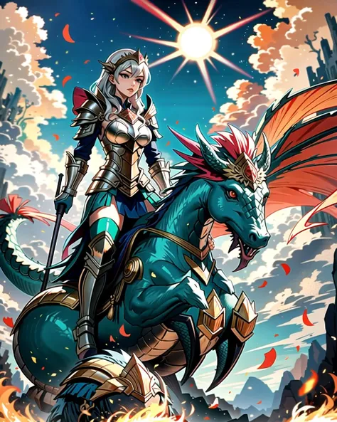 ((masterpiece), best quality, high quality, professional quality, highly detailed, highres, perfect lighting, natural lighting), silver dragon, (1girl, wearing armor, sitting on dragon, dragon rider, holding weapon), flying, flames, magic, clouds, sun in background