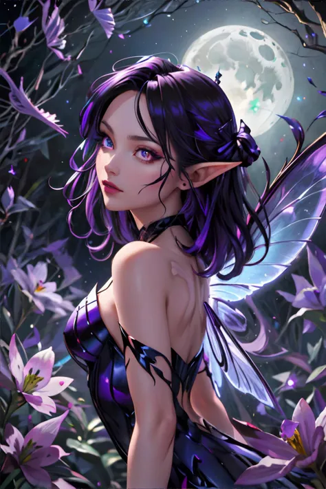 <lora:faeia-edg:1.00>, edgFae, fairy woman wearing edgFae style, fairy wings, night time, enchanted garden, (black purple blue color palette), stars, moon, <clip:skip:2> || skin, hair, dress, fairy, masterpiece, 8k, high resolution, shallow depth of field, sharp focus