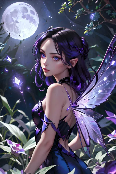 <lora:faeia-edg:1.00>, edgFae, fairy woman wearing edgFae style, fairy wings, night time, enchanted garden, (black purple blue color palette), stars, moon, <clip:skip:2> || skin, hair, dress, fairy, masterpiece, 8k, high resolution, shallow depth of field, sharp focus