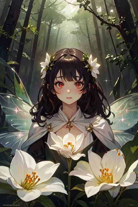 portrait, upper body, edgFae, flower fairy, edgFae style, wearing edgFae, <lora:edgfaeiaandtheflowerfae:0.85>, 1girl, solo, outdoors, dark forest background, glowing, glitters, masterpiece, top quality, best quality, official art, beautiful and aesthetic, animation