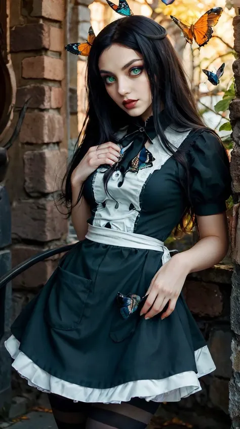 photo of <lora:AliceHorrorV2:0.4> 1girl, alicehorror, apron, black hair, dress, gothic, green eyes, lips, long hair, pantyhose, solo, striped, vibrant colored butterfly,