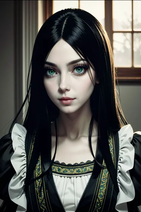 victorian era woman, White skin, long black hair, emerald green eyes, marked cheekbones and jaw, High status, intimidating look 