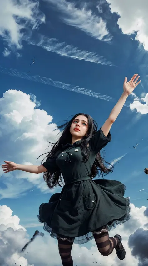 photo of <lora:AliceHorrorV2:0.4> little 1girl, alicehorror, waving goodbye, (falling from sky:1.3), (sad:1.2), tears, apron, black hair, dress, ink, black ink, slime, looking at viewer, green eyes, lips, long hair, pantyhose, solo, striped,