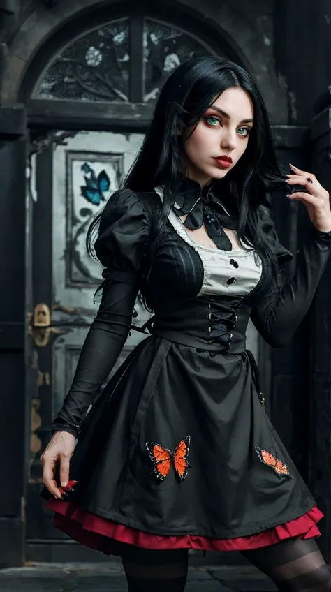photo of <lora:AliceHorrorV2:0.4> 1girl, alicehorror, apron, black hair, dress, ink, black ink, slime, gothic, green eyes, lips, long hair, pantyhose, solo, striped, vibrant colored butterfly,