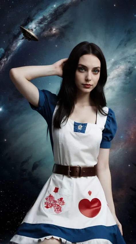 <lora:AliceHorrorV2:0.4>1girl, alice (alice in wonderland), alicehorror, apron, belt, black hair, brown hair, dress, green eyes, knife, long hair, makeup, solo, space, striped