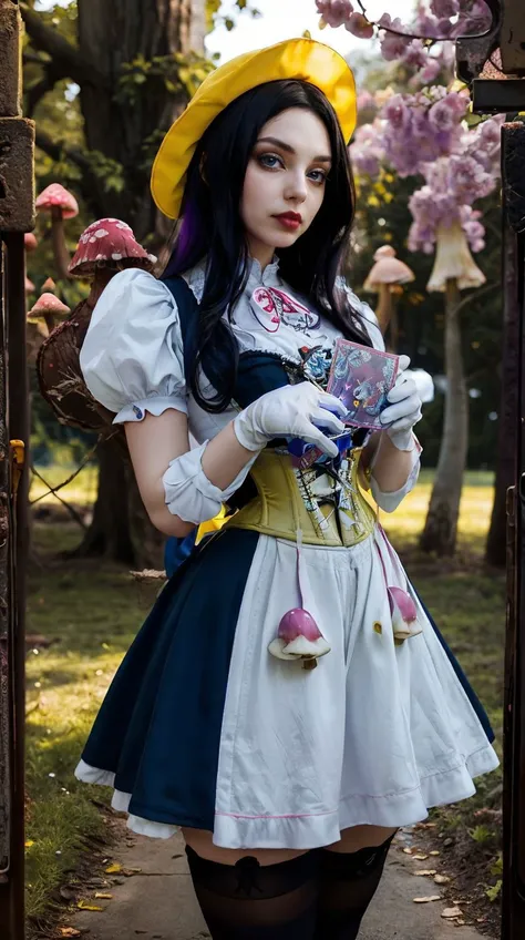 photo of <lora:AliceHorrorV2:0.4> 1girl, alicehorror, apron, black hair, card, corset, dress, gloves, lips, long hair, looking at viewer, (red, blue, green, yellow, pink, purple, white, black colored mushrooms), solo, thighhighs