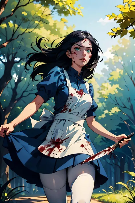 AliceMadness,long black hair, green eyes,blue dress, white apron, striped pantyhose, looking serious, dynamic shot, holding knife, covered in blood, blood on clothes, outside, forest, natural lighting, high quality, masterpiece, <lora:AliceMadness:.7>