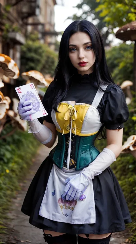 photo of <lora:AliceHorrorV2:0.4> 1girl, alicehorror, apron, black hair, card, corset, dress, gloves, lips, long hair, looking at viewer, (red, blue, green, yellow, pink, purple, white, black colored mushrooms), solo, thighhighs