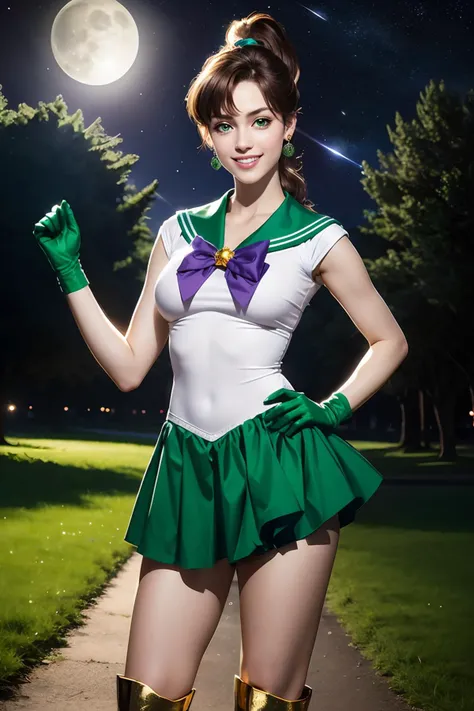 sailor jupiter, purple bow,green elbow gloves, bangs, brown ponytail, gold circlet, jewelry, earrings, green skirt, boots, looking at viewer, smiling, happy, mouth open,
standing, cute pose, outside, park, trees, night, full moon, stars and space, extreme detail, HDR, beautiful quality, analog, <lora:MakotoKino:.8>