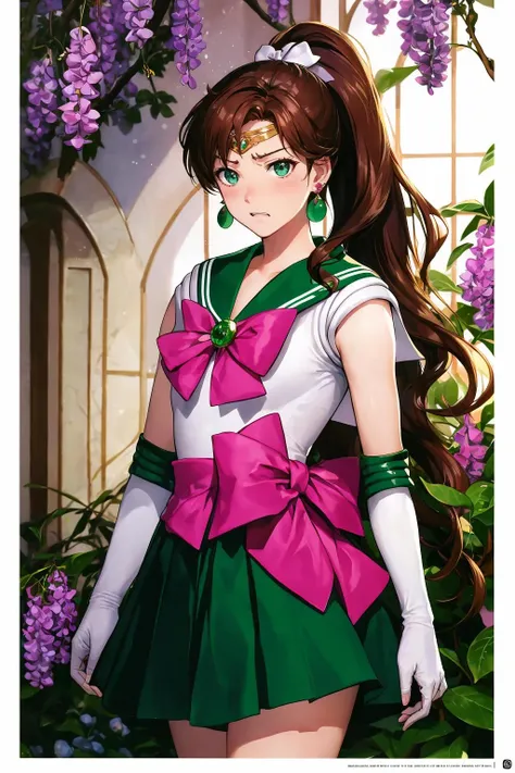 (solo, 1girl), (absurdres, highres, official wallpaper, poster), (masterpiece, best quality:1.2), (illustration, realistic), (perfect details, highest detailed, extreme detailed), dramatic light, <lora:MakotoKino:0.9>, MakotoKino, (sailor jupiter, bow, elbow gloves, neck ribbon, bangs, long hair, circlet, jewelry, flower earrings, ponytail), (garden, flower, wisteria, tree, sunlight), (dress, skirt)