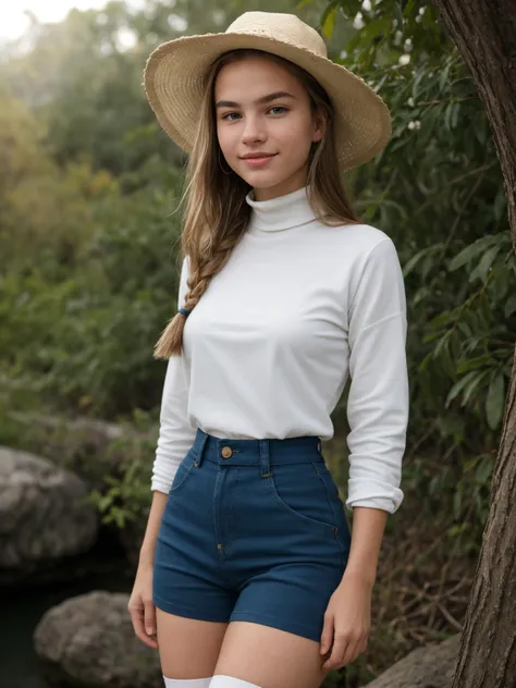 professional photo of DV_S2_LuLu_Vicious, dark chestnut fishtail braid hair, beautiful blue eyes, perfect eyes, wearing paperbag waist pants, paisley ruby turtleneck, sun hat, , gorgeous smile, floating islands entrance, natural everyday makeup, low lighting, moody, large depth of field, deep depth of field, highly detailed, three quarter shot