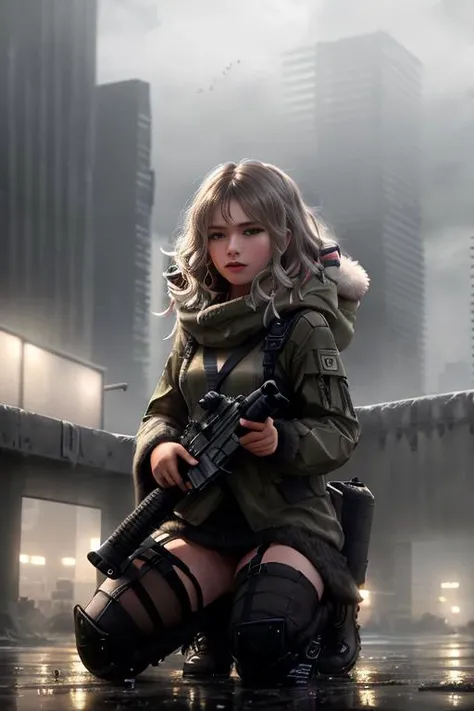 elliethumann woman in raincoat and boots, weapon, raining, cowboy shot,
8k, 4k, uhd,  <lora:sexyCostume_1:0.5> <lora:Mroreos_v10:0.5> post-apoc ,postapoc-scenery, ruined_cityscape, cityscape