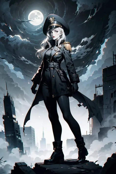 (masterpiece:1.1), (best quality:1.1), (monochrome:1.2), (black and white:1.2), BREAK,
(gloomy:1.0), (futuristic:1.1), BREAK,
(solo:1.2), (dynamic angle:1.0), (full body:1.0), (girl:1.1), (white hair:1.0), (hat:1.0), (gloves:1.0), (edgCommissar:1.1), (millitary uniform:1.0), (empty hands:1.0), <lora:edgWar40kCommissarv1:1.0>, BREAK,
(night:1.0), (moonlight:1.0), (post-apoc:1.0), (ruined_cityscape:1.0), (postapoc_scenery:1.0), (fog:1.0), <lora:ApocalypseEngine:0.4>