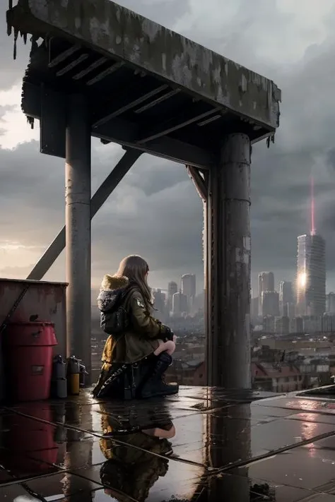 elliethumann kneeling in raincoat and boots, weapon, raining, cowboy shot,
8k, 4k, uhd, <lora:sexyCostume_1:0.5> <lora:Mroreos_v10:0.5> post-apoc ,postapoc-scenery, ruined_cityscape, cityscape