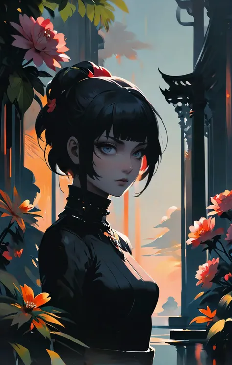 (dark anime, 2d cel shaded, negative space), Floral Academia aesthetics, bright colors, stunning background. bathed in sunlight, a mesmerizing blend of light and shadow. masterpiece, absurdres, intricate details <lora:envyStarlightDark_v10:0.9>