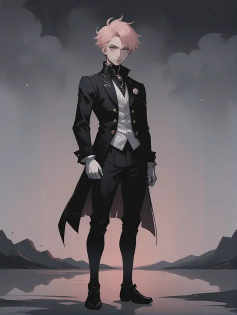 dark anime, 2d cel shaded, negative space, (full body:1.2), 1boy, man, bishounen, solo, [:formal costume design,:0.2] bardelementalist, japanese, peachpuff hair, (athletic:1) build, Salt Flat<lora:EnvyStarlightDarkAnime01:1>