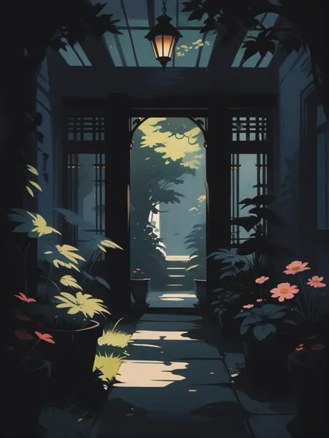 dark anime, 2d cel shaded, negative space, well-lit interior, in a Inviting Secret garden<lora:EnvyStarlightDarkAnime01:1>