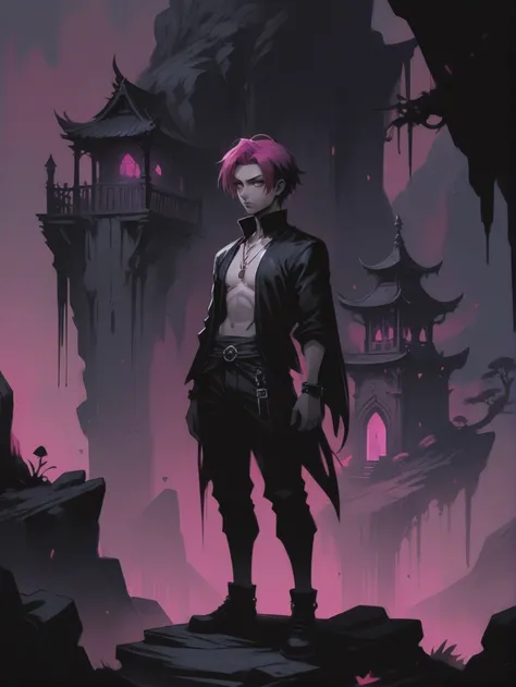 dark anime, 2d cel shaded, negative space, (full body:1.2), 1boy, man, masculine, solo, [:creative costume design,:0.2] alchemist, caucasian, vivid fuchsia hair, (average:1) build, mountainside,ghostly fantasy settlement in a Forgotten God's Shrine<lora:EnvyStarlightDarkAnime01:1>