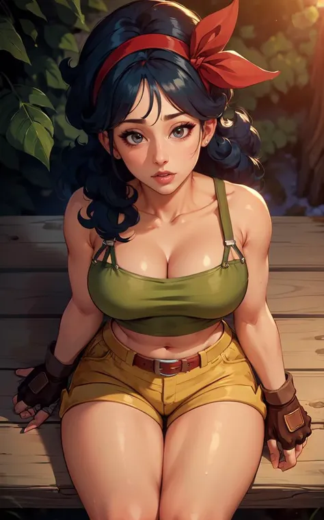 ((masterpiece, best quality)), insaneres, absurdres, solo, looking at viewer,
BlackHair_GoodLaunch_ownwaifu,
1girl, long hair, blue hair, curly hair, hair ribbon, black eyes, medium breasts, red hairband, eyelashes, bangs, 
green shirt,  crop top, midriff, fingerless gloves, cleavage, bare shoulders, navel, short shorts, collarbone, yellow shorts, tank top, belt, brown gloves, 
 outdoors, lens flare, depth of field, bokeh, vanishing point,
(from above, sitting)<lora:ANIME_DragonBall_Launch_ownwaifu:0.9>,