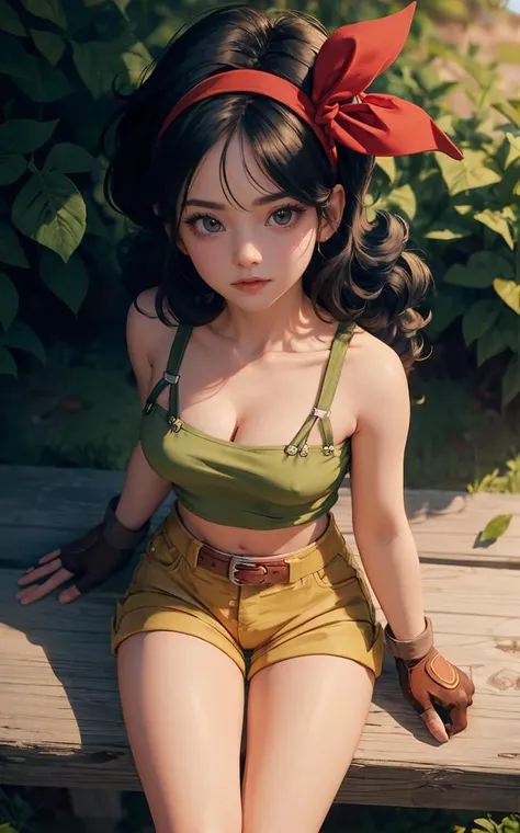 ((masterpiece, best quality)), insaneres, absurdres, solo, looking at viewer,
BlackHair_GoodLaunch_ownwaifu,
1girl, long hair, blue hair, curly hair, hair ribbon, black eyes, medium breasts, red hairband, eyelashes, bangs,
green shirt, crop top, midriff, fingerless gloves, cleavage, bare shoulders, navel, short shorts, collarbone, yellow shorts, tank top, belt, brown gloves,
outdoors, lens flare, depth of field, bokeh, vanishing point,
(from above, sitting)<lora:ANIME_DragonBall_Launch_ownwaifu:0.9>,