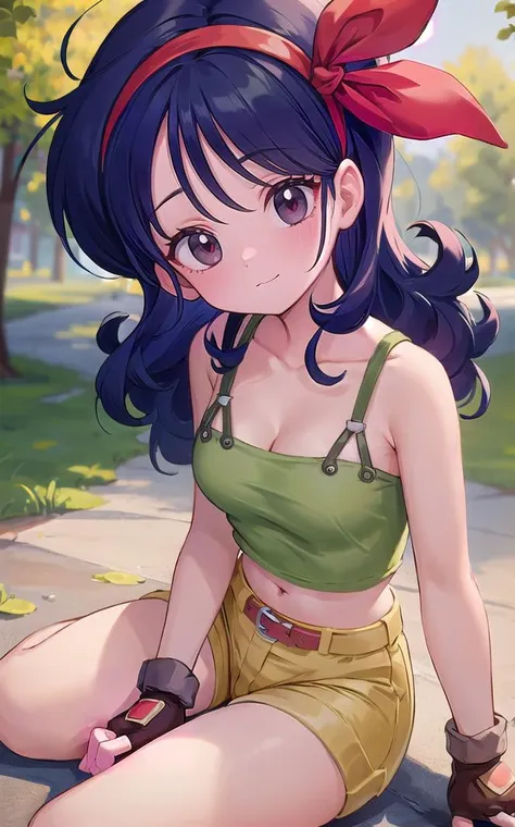 ((masterpiece, best quality)), insaneres, absurdres, solo, looking at viewer,
BlackHair_GoodLaunch_ownwaifu,
1girl, long hair, blue hair, curly hair, hair ribbon, black eyes, medium breasts, red hairband, eyelashes, bangs, 
green shirt,  crop top, midriff, fingerless gloves, cleavage, bare shoulders, navel, short shorts, collarbone, yellow shorts, tank top, belt, brown gloves, 
 outdoors, lens flare, depth of field, bokeh, vanishing point,
(sitting, head tilt)<lora:ANIME_DragonBall_Launch_ownwaifu:1>,