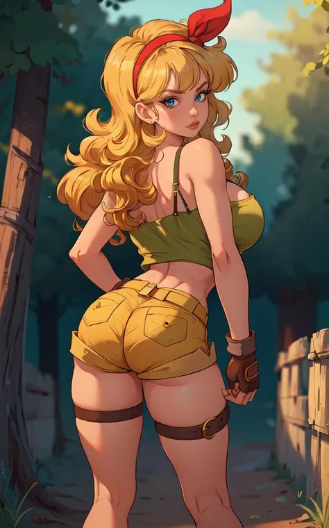 ((masterpiece, best quality)), insaneres, absurdres, solo, looking at viewer,
BlondeHair_BadLaunch_ownwaifu,
1girl, long hair, blonde hair,  curly hair, hair ribbon, blue eyes, medium breasts, red hairband, eyelashes, bangs, 
green shirt,  yellow shorts, crop top, midriff, fingerless gloves, cleavage, bare shoulders, navel, short shorts, collarbone, tank top, belt, brown gloves,  thigh strap, bare legs, 
 outdoors, lens flare, depth of field, bokeh, vanishing point,
(contrapposto, looking back)<lora:ANIME_DragonBall_Launch_ownwaifu:0.75>,