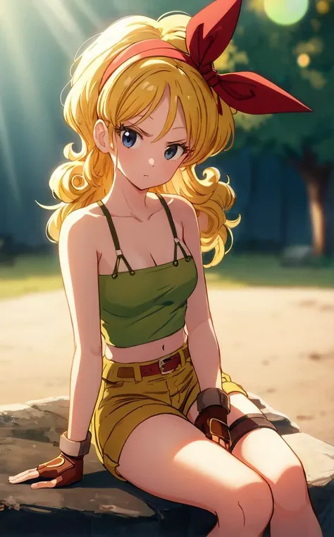 ((masterpiece, best quality)), insaneres, absurdres, solo, looking at viewer,
BlondeHair_BadLaunch_ownwaifu,
1girl, long hair, blonde hair,  curly hair, hair ribbon, blue eyes, medium breasts, red hairband, eyelashes, bangs, 
green shirt,  yellow shorts, crop top, midriff, fingerless gloves, cleavage, bare shoulders, navel, short shorts, collarbone, tank top, belt, brown gloves,  thigh strap, bare legs, 
 outdoors, lens flare, depth of field, bokeh, vanishing point,
(sitting, head tilt)<lora:ANIME_DragonBall_Launch_ownwaifu:1>,