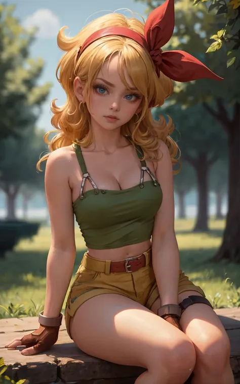 ((masterpiece, best quality)), insaneres, absurdres, solo, looking at viewer,
BlondeHair_BadLaunch_ownwaifu,
1girl, long hair, blonde hair,  curly hair, hair ribbon, blue eyes, medium breasts, red hairband, eyelashes, bangs, 
green shirt,  yellow shorts, crop top, midriff, fingerless gloves, cleavage, bare shoulders, navel, short shorts, collarbone, tank top, belt, brown gloves,  thigh strap, bare legs, 
 outdoors, lens flare, depth of field, bokeh, vanishing point,
(sitting, head tilt)<lora:ANIME_DragonBall_Launch_ownwaifu:1>,