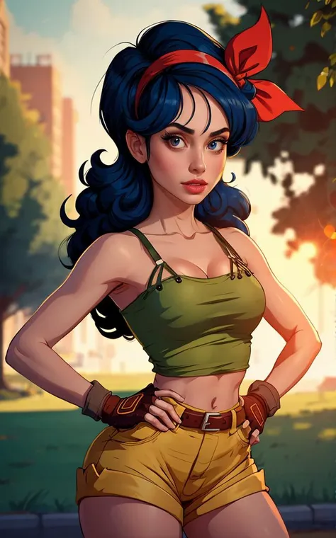 ((masterpiece, best quality)), insaneres, absurdres, solo, looking at viewer,
BlackHair_GoodLaunch_ownwaifu,
1girl, long hair, blue hair, curly hair, hair ribbon, black eyes, medium breasts, red hairband, eyelashes, bangs,
green shirt, crop top, midriff, fingerless gloves, cleavage, bare shoulders, navel, short shorts, collarbone, yellow shorts, tank top, belt, brown gloves,
outdoors, lens flare, depth of field, bokeh, vanishing point,
(contrapposto, hand on hip)<lora:ANIME_DragonBall_Launch_ownwaifu:0.85>,