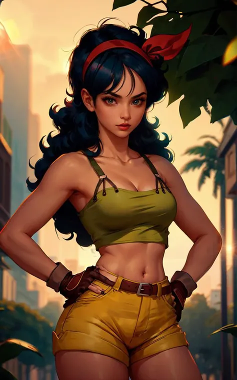 ((masterpiece, best quality)), insaneres, absurdres, solo, looking at viewer,
BlackHair_GoodLaunch_ownwaifu,
1girl, long hair, blue hair, curly hair, hair ribbon, black eyes, medium breasts, red hairband, eyelashes, bangs,
green shirt, crop top, midriff, fingerless gloves, cleavage, bare shoulders, navel, short shorts, collarbone, yellow shorts, tank top, belt, brown gloves,
outdoors, lens flare, depth of field, bokeh, vanishing point,
(contrapposto, hand on hip)<lora:ANIME_DragonBall_Launch_ownwaifu:0.85>,