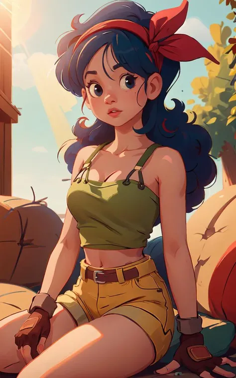 ((masterpiece, best quality)), insaneres, absurdres, solo, looking at viewer,
BlackHair_GoodLaunch_ownwaifu,
1girl, long hair, blue hair, curly hair, hair ribbon, black eyes, medium breasts, red hairband, eyelashes, bangs,
green shirt, crop top, midriff, fingerless gloves, cleavage, bare shoulders, navel, short shorts, collarbone, yellow shorts, tank top, belt, brown gloves,
outdoors, lens flare, depth of field, bokeh, vanishing point,
(sitting, head tilt)<lora:ANIME_DragonBall_Launch_ownwaifu:1>,
