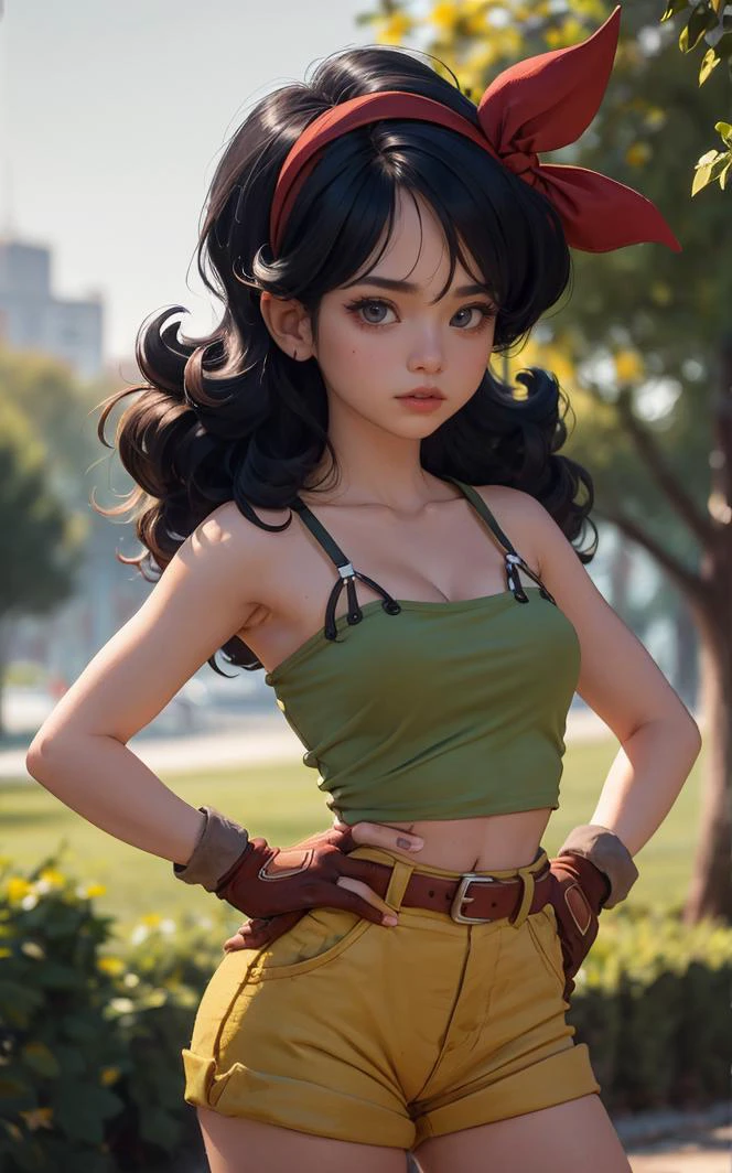 ((masterpiece, best quality)), insaneres, absurdres, solo, looking at viewer,
BlackHair_GoodLaunch_ownwaifu,
1girl, long hair, blue hair, curly hair, hair ribbon, black eyes, medium breasts, red hairband, eyelashes, bangs,
green shirt, crop top, midriff, fingerless gloves, cleavage, bare shoulders, navel, short shorts, collarbone, yellow shorts, tank top, belt, brown gloves,
outdoors, lens flare, depth of field, bokeh, vanishing point,
(contrapposto, hand on hip)<lora:ANIME_DragonBall_Launch_ownwaifu:0.85>,