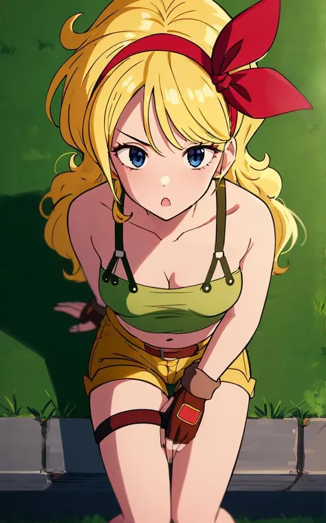 ((masterpiece, best quality)), insaneres, absurdres, solo, looking at viewer,
BlondeHair_BadLaunch_ownwaifu,
1girl, long hair, blonde hair,  curly hair, hair ribbon, blue eyes, medium breasts, red hairband, eyelashes, bangs, 
green shirt,  yellow shorts, crop top, midriff, fingerless gloves, cleavage, bare shoulders, navel, short shorts, collarbone, tank top, belt, brown gloves,  thigh strap, bare legs, 
 outdoors, lens flare, depth of field, bokeh, vanishing point,
(from above, sitting)<lora:ANIME_DragonBall_Launch_ownwaifu:0.9>,