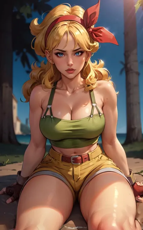 ((masterpiece, best quality)), insaneres, absurdres, solo, looking at viewer,
BlondeHair_BadLaunch_ownwaifu,
1girl, long hair, blonde hair, curly hair, hair ribbon, blue eyes, medium breasts, red hairband, eyelashes, bangs,
green shirt, yellow shorts, crop top, midriff, fingerless gloves, cleavage, bare shoulders, navel, short shorts, collarbone, tank top, belt, brown gloves, thigh strap, bare legs,
outdoors, lens flare, depth of field, bokeh, vanishing point,
(from above, sitting)<lora:ANIME_DragonBall_Launch_ownwaifu:0.9>,