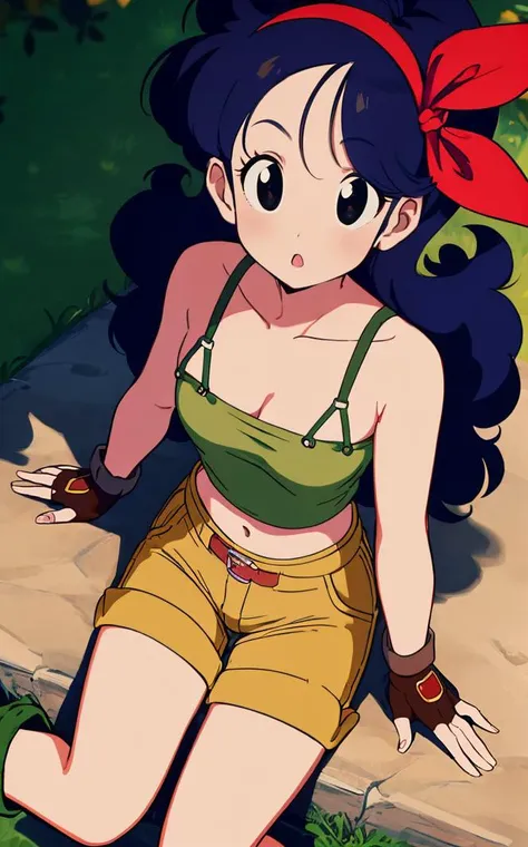 ((masterpiece, best quality)), insaneres, absurdres, solo, looking at viewer,
BlackHair_GoodLaunch_ownwaifu,
1girl, long hair, blue hair, curly hair, hair ribbon, black eyes, medium breasts, red hairband, eyelashes, bangs, 
green shirt,  crop top, midriff, fingerless gloves, cleavage, bare shoulders, navel, short shorts, collarbone, yellow shorts, tank top, belt, brown gloves, 
 outdoors, lens flare, depth of field, bokeh, vanishing point,
(from above, sitting)<lora:ANIME_DragonBall_Launch_ownwaifu:0.9>,