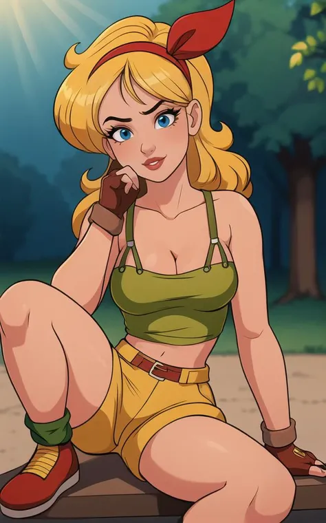 ((masterpiece, best quality)), insaneres, absurdres, solo, looking at viewer,
BlondeHair_BadLaunch_ownwaifu,
1girl, long hair, blonde hair, curly hair, hair ribbon, blue eyes, medium breasts, red hairband, eyelashes, bangs,
green shirt, yellow shorts, crop top, midriff, fingerless gloves, cleavage, bare shoulders, navel, short shorts, collarbone, tank top, belt, brown gloves, thigh strap, bare legs,
outdoors, lens flare, depth of field, bokeh, vanishing point,
(sitting, head tilt)<lora:ANIME_DragonBall_Launch_ownwaifu:1>,