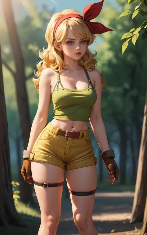 ((masterpiece, best quality)), insaneres, absurdres, solo, looking at viewer,
BlondeHair_BadLaunch_ownwaifu,
1girl, long hair, blonde hair, curly hair, hair ribbon, blue eyes, medium breasts, red hairband, eyelashes, bangs,
green shirt, yellow shorts, crop top, midriff, fingerless gloves, cleavage, bare shoulders, navel, short shorts, collarbone, tank top, belt, brown gloves, thigh strap, bare legs,
outdoors, lens flare, depth of field, bokeh, vanishing point,
(contrapposto, looking back)<lora:ANIME_DragonBall_Launch_ownwaifu:0.75>,