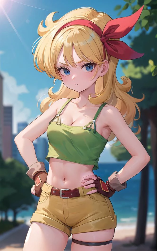 ((masterpiece, best quality)), insaneres, absurdres, solo, looking at viewer,
BlondeHair_BadLaunch_ownwaifu,
1girl, long hair, blonde hair, curly hair, hair ribbon, blue eyes, medium breasts, red hairband, eyelashes, bangs,
green shirt, yellow shorts, crop top, midriff, fingerless gloves, cleavage, bare shoulders, navel, short shorts, collarbone, tank top, belt, brown gloves, thigh strap, bare legs,
outdoors, lens flare, depth of field, bokeh, vanishing point,
(contrapposto, hand on hip)<lora:ANIME_DragonBall_Launch_ownwaifu:0.85>,