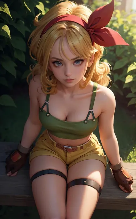 ((masterpiece, best quality)), insaneres, absurdres, solo, looking at viewer,
BlondeHair_BadLaunch_ownwaifu,
1girl, long hair, blonde hair,  curly hair, hair ribbon, blue eyes, medium breasts, red hairband, eyelashes, bangs, 
green shirt,  yellow shorts, crop top, midriff, fingerless gloves, cleavage, bare shoulders, navel, short shorts, collarbone, tank top, belt, brown gloves,  thigh strap, bare legs, 
 outdoors, lens flare, depth of field, bokeh, vanishing point,
(from above, sitting)<lora:ANIME_DragonBall_Launch_ownwaifu:0.9>,